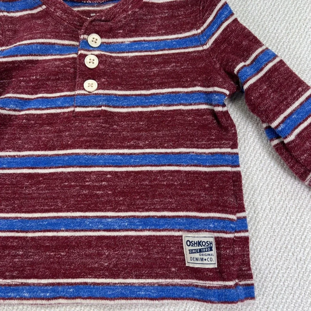 OshKosh B'gosh Henley Shirt Baby Boys 9M Maroon Blue Striped Long Sleeve Top